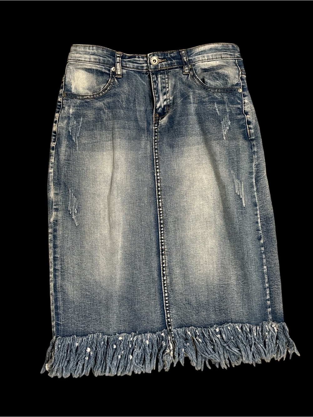 Denim Fringe Hem Pencil Skirt - Blue